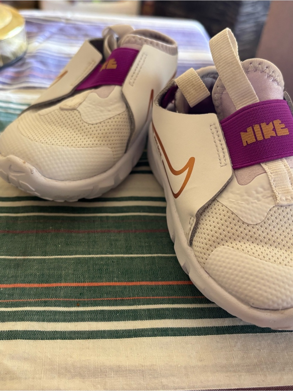 Nike Little Kids White Sneakers with Purple Strap and Gold Swoosh
